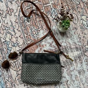 Fossil Fiona Crossbody Bag Coated Canvas Key Print Stripe Black White Brown